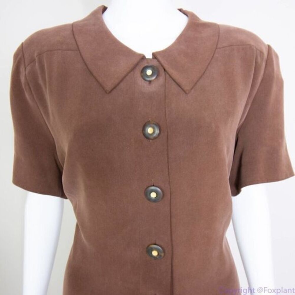 Vintage Spenser Jeremy 100% silk button down short‎ sleeves brown midi dress, 16 - Picture 5 of 16
